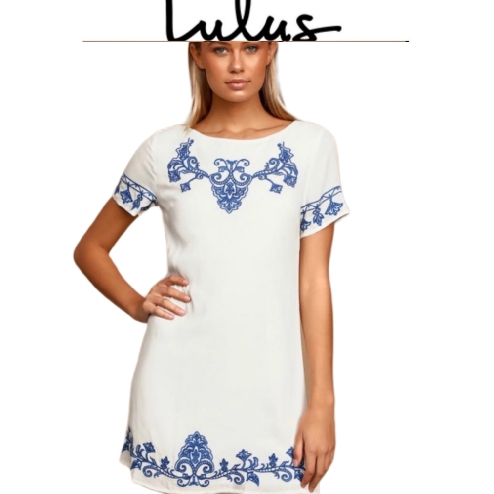 Lulus Tale to tell blue & ivory embroidered dress